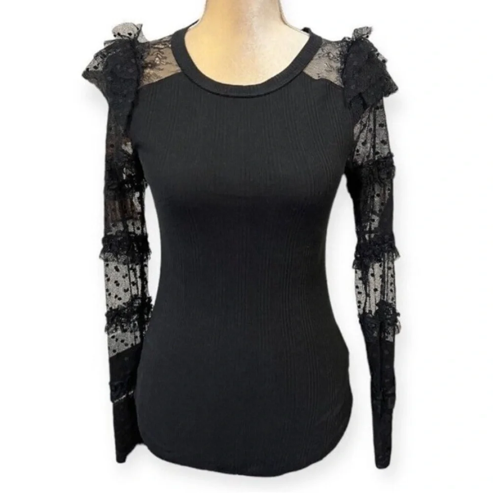 Free People Kiss Kiss Ribbed Long Sleeve Lace Tiered